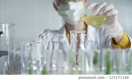 Female scientist researcher wearing a lab coat, white gloves, and mask, is pouring a yellow oily liquid from a beaker into an Erlenmeyer flask in laboratory, portrait. Science and medicine concepts 123171180