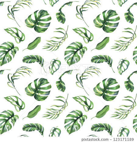 Tropical coconut, banana palm leaves, monstera, monkey mask, frangipani, bright juicy green. Hand drawn watercolor botanical illustration. Seamless pattern on a white background. Tropical coconut, banana palm leaves, monstera, monkey mask, frangipani, bright juicy green. Hand drawn watercolor botanical illustration. Seamless pattern on a white background. 123171189