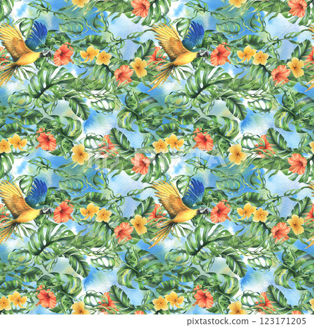 Tropical palm leaves, monstera and flowers of plumeria, hibiscus, bright juicy with blue-yellow macaw parrot. Hand drawn watercolor botanical illustration. Seamless pattern on the blue background Tropical palm leaves, monstera and flowers of plumeria, hibiscus, bright juicy with blue-yellow macaw parrot. Hand drawn watercolor botanical illustration. Seamless pattern on the blue background 123171205
