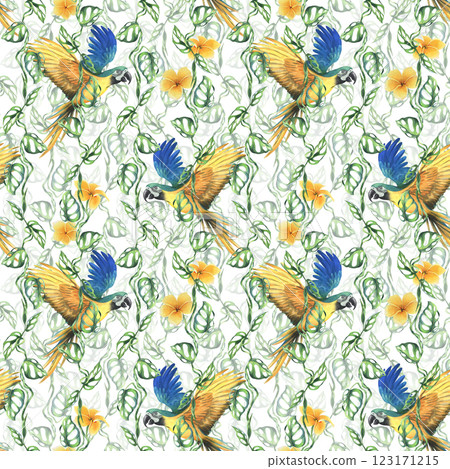 Tropical palm leaves, monstera and flowers of plumeria, hibiscus, bright juicy with blue-yellow macaw parrot. Hand drawn watercolor botanical illustration. Seamless pattern on the white background. Tropical palm leaves, monstera and flowers of plumeria, hibiscus, bright juicy with blue-yellow macaw parrot. Hand drawn watercolor botanical illustration. Seamless pattern on the white background. 123171215