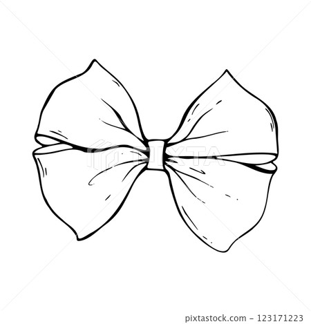 Satin bow-bow made of fabric, double wide ribbon. Graphic sketch illustration hand drawn line art, outline in black ink. Single isolated element vector EPS, for hair decoration, clothes, gifts 123171223