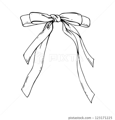 Satin bow made of fabric, narrow in two layers with long twisted ribbons. Graphic sketch illustration hand drawn line art, outline in black ink. Single isolated element vector EPS, for decoration 123171225