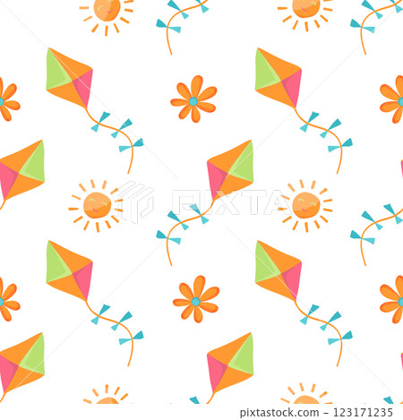 Colorful Kite Pattern with Suns and Flowers on a White Background, Perfect For Summer And Kids Designs, Vector Seamless Pattern for Wallpaper and Textile Colorful Kite Pattern with Suns and Flowers on a White Background, Perfect For Summer And Kids Designs, Vector Seamless Pattern for Wallpaper and Textile 123171235