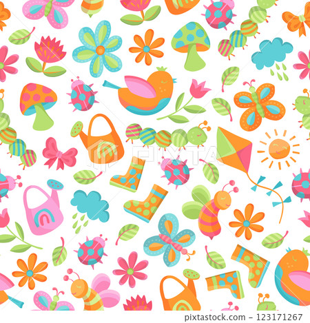 Spring Gardening Cute Colorful Vector Seamless Pattern with Cute Birds, Butterflies, Flowers, Ladybugs, and Garden Elements. Design for Kids Wallpaper and Textile Spring Gardening Cute Colorful Vector Seamless Pattern with Cute Birds, Butterflies, Flowers, Ladybugs, and Garden Elements. Design for Kids Wallpaper and Textile 123171267