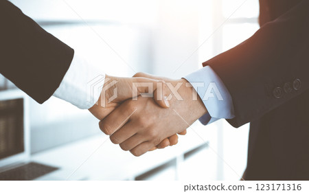 Businessman and woman shaking hands in sunny office, close-up. Concept of handshake as success symbol in business 123171316