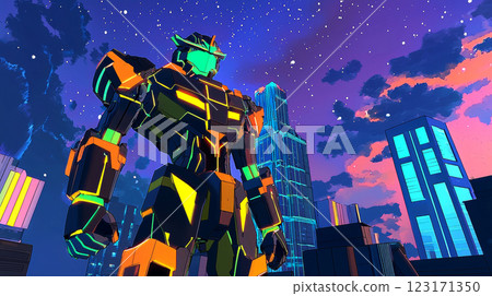 Futuristic Battle Robot in Vibrant Cityscape Under Starry Sky Anime Art 123171350