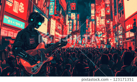 Anime Style Art of High Tech Robot Musician Playing Guitar in Vibrant Cityscape at Night 123171351