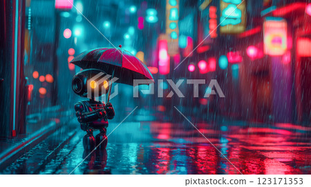 Cute Anime Style Robot Holding Umbrella in Vibrant City Scene at Night. Concept of Futuristic Technology, Rainy Nights, Urban Exploration, Robotic Companions 123171353