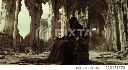 Mysterious Hooded Figure Sitting on Gothic Throne in Ruined Cathedral. Concept of Dark Fantasy, Medieval Apocalypse, Mystic King, Haunted Kingdom, Ancient Ruins, Supernatural Power, Royal Solitude 123171370