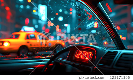 Backseat View of Taxi Interior with Neon City Lights and Rainy Night Reflections Through Wet Window. Concept of Urban Transportation, Night Driving, Rainy Weather, Cityscape Journey, Car interior Backseat View of Taxi Interior with Neon City Lights and Rainy Night Reflections Through Wet Window. Concept of Urban Transportation, Night Driving, Rainy Weather, Cityscape Journey, Car interior 123171396