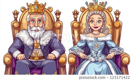 Cartoon Illustration of Majestic King and Queen in Royal Attire Sitting on Thrones. Concept of Royalty, Majestic Power, Noble Leadership, Regal Elegance. White background 123171422