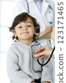 Woman-doctor examining a child patient by stethoscope. Cute arab toddler at physician appointment. Medicine concept 123171465