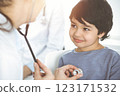 Doctor-woman examining a child patient by stethoscope in sunny clinik. Medicine concept 123171532