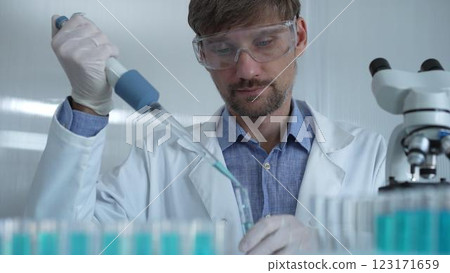 Scientist man wearing a lab coat and safety glasses is using a micropipette to drop a liquid into a test tube, portrait view. Medicine and science Scientist man wearing a lab coat and safety glasses is using a micropipette to drop a liquid into a test tube, portrait view. Medicine and science 123171659