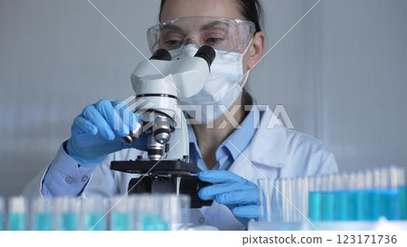 Scientist woman, wearing a lab coat, mask, blue gloves and safety glasses, is adjusting a microscope surrounded by test tubes in laboratory. Medicine and science concept Scientist woman, wearing a lab coat, mask, blue gloves and safety glasses, is adjusting a microscope surrounded by test tubes in laboratory. Medicine and science concept 123171736
