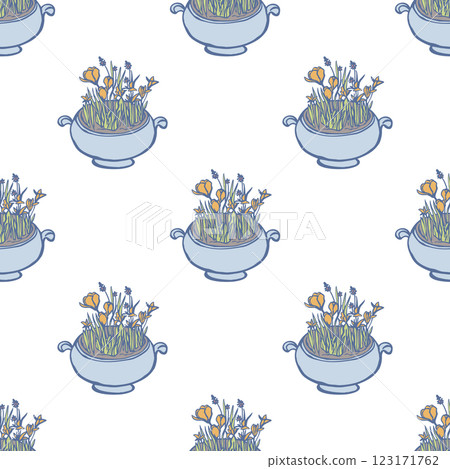 Seamless vector pattern with crocuses flowers in a flower pot 123171762