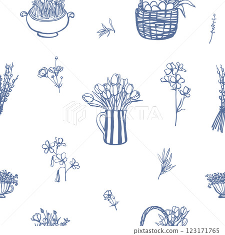 Spring flowers sketch style seamless pattern 123171765