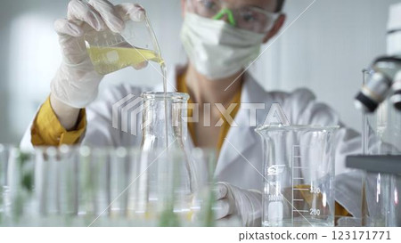 Female scientist researcher wearing a lab coat, white gloves, and mask, is pouring a yellow oily liquid from a beaker into an Erlenmeyer flask in laboratory, portrait. Science and medicine concepts 123171771