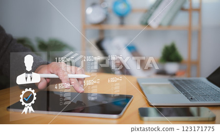 HR Manager show manager icon and employee for leadership services, Human Resources, Concept of choose job staff, HRM, HRD leading organization in recruiting and prospecting, Building a strong team.  123171775