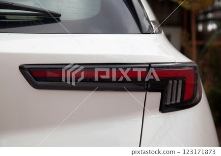Detail of luxury car headlights lamp, white modern car tail red lamp 123171873