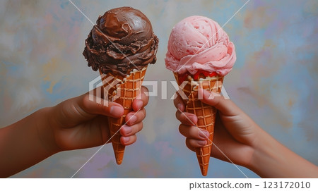 Two hands holding chocolate and strawberry ice cream cones. 123172010