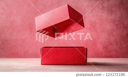 Red open gift box is floating over an empty box on a pink background Red open gift box is floating over an empty box on a pink background 123172190