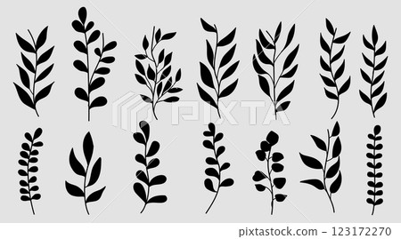 Set of black silhouette floral line art branch, leaf, plants for logo template, invitation save the date card.Vector illustration. 123172270