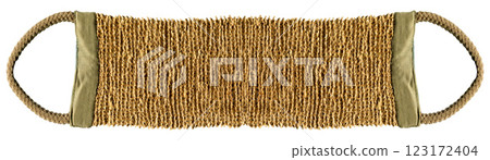 Scrub belt made of jute, cleaning and massaging cloth with a hard fleece used when washing to clean the body in the bath, white isolated material 123172404