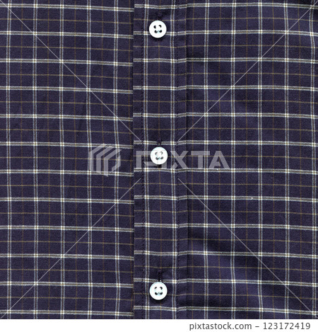 Navy blue classic plaid fabric, shirt fabric and button detail, checked shirt detail, checked shirt detail 123172419