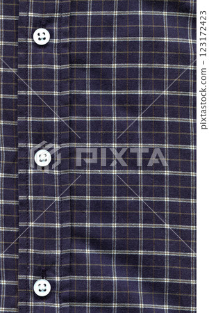 Navy blue classic plaid fabric, shirt fabric and button detail, checked shirt detail, checked shirt detail 123172423