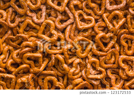 A lot of heart shaped pretzels. 123172533