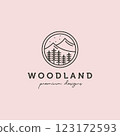 woodland outdoor landscape vector logo symbol illustration design, line art nature logo design 123172593