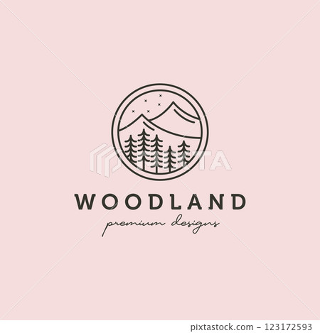 woodland outdoor landscape vector logo symbol illustration design, line art nature logo design 123172593