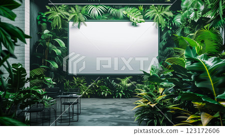 Conference room with a large whiteboard and lush green plants. 123172606