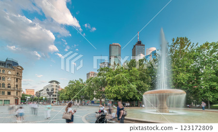 Opera Square timelapse hyperlapse in downtown Frankfurt, Germany, showcases a fountain with skyscrapers Opera Square timelapse hyperlapse in downtown Frankfurt, Germany, showcases a fountain with skyscrapers 123172809