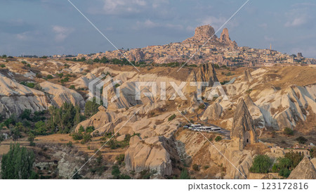 Beautiful view of Goreme from viewpoint aerial timelapse, Cappadocia, Turkey during sunrise. Beautiful view of Goreme from viewpoint aerial timelapse, Cappadocia, Turkey during sunrise. 123172816