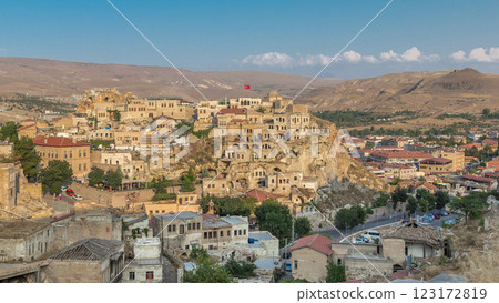 Urgup Town aerial view from Temenni Hill in Cappadocia Region of Turkey timelapse 123172819