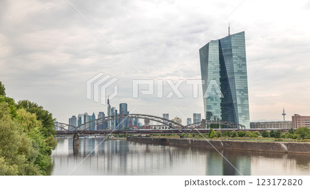 Hyperlapse of Frankfurt skyline featuring the modern ECB headquarters skyscraper. Frankfurt am Main, Germany 123172820