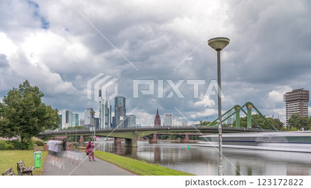 Hyperlapse of Frankfurt's Main Iron Footbridge against the financial district skyscrapers skyline on a sunny day with clouds timelapse. Frankfurt, Germany 123172822