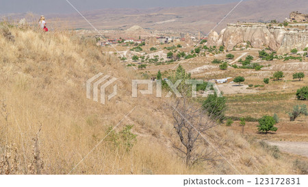 Red Valley and Rose Valley of Goreme of Nevsehir in Cappadocia aerial timelapse, Turkey. Red Valley and Rose Valley of Goreme of Nevsehir in Cappadocia aerial timelapse, Turkey. 123172831