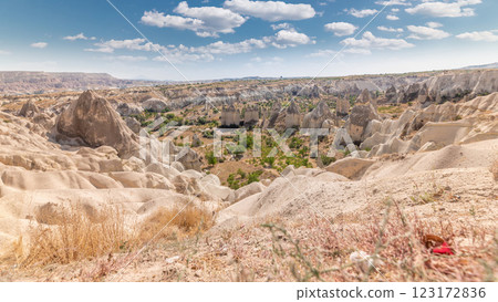 Red Valley and Rose Valley of Goreme of Nevsehir in Cappadocia aerial timelapse, Turkey. 123172836