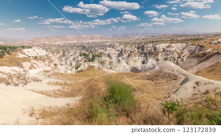 Red Valley and Rose Valley of Goreme of Nevsehir in Cappadocia aerial timelapse, Turkey. 123172839