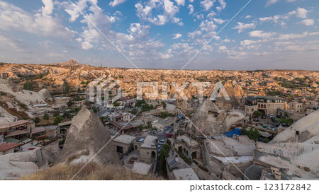 Beautiful view of Goreme from viewpoint aerial timelapse, Cappadocia, Turkey during sunrise. 123172842