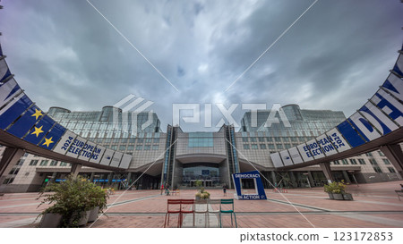 Timelapse of the European Parliament headquarters in Brussels, Belgium. 123172853