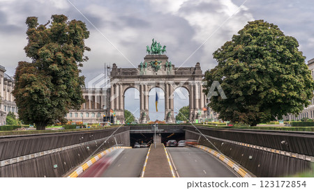 Timelapse of the Cinquantenaire Arcade in Parc du Cinquantenaire, Brussels, Belgium. 123172854