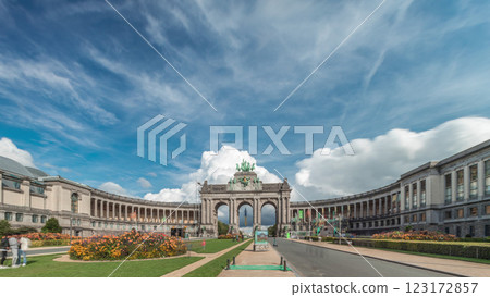 Hyperlapse of the Cinquantenaire Arcade in Parc du Cinquantenaire, Brussels, Belgium. 123172857