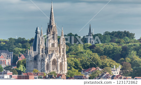 Aerial view of Notre Dame de Laeken church spires timelapse in Brussels, Belgium. Aerial view of Notre Dame de Laeken church spires timelapse in Brussels, Belgium. 123172862