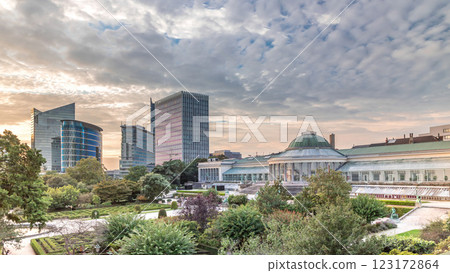 Aerial timelapse of Le Botanique and its orangery at sunset in Brussels, Belgium 123172864