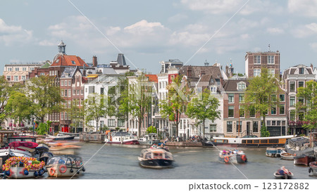 Timelapse of a busy river in Amsterdam's city center on a sunny day. Amsterdam, Netherlands Timelapse of a busy river in Amsterdam's city center on a sunny day. Amsterdam, Netherlands 123172882