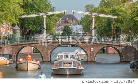 Timelapse of a busy canal boat trip in Amsterdam's city center on a sunny day. Amsterdam, Netherlands 123172884